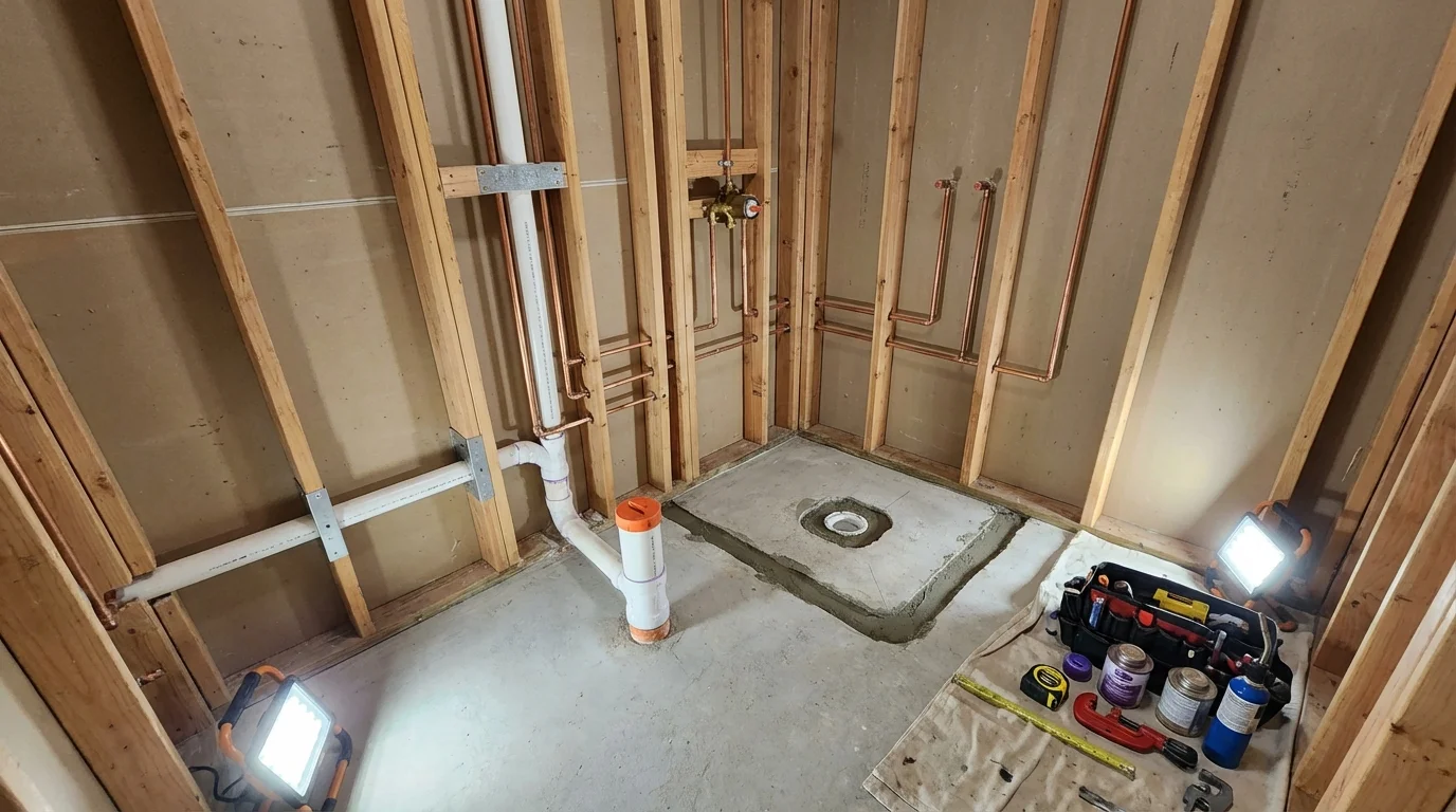 Bathroom rough-in plumbing during remodel by Johns Plumbing LLC in Shirley