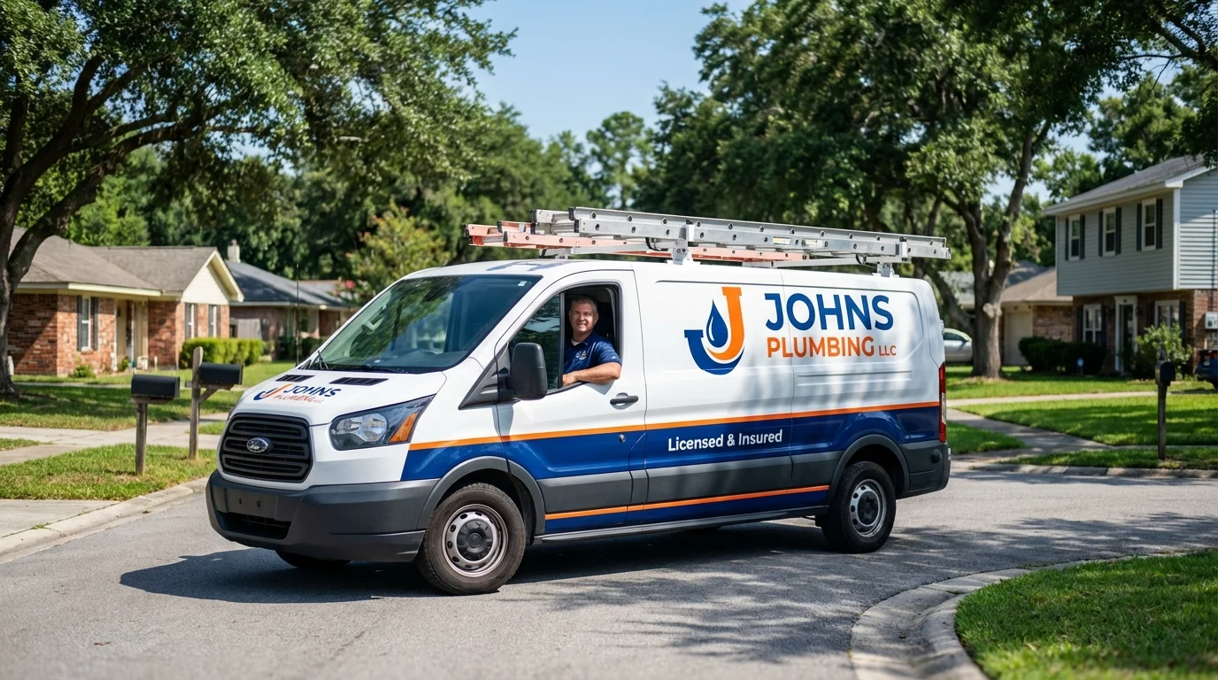 Johns Plumbing LLC service van in Shirley, NY