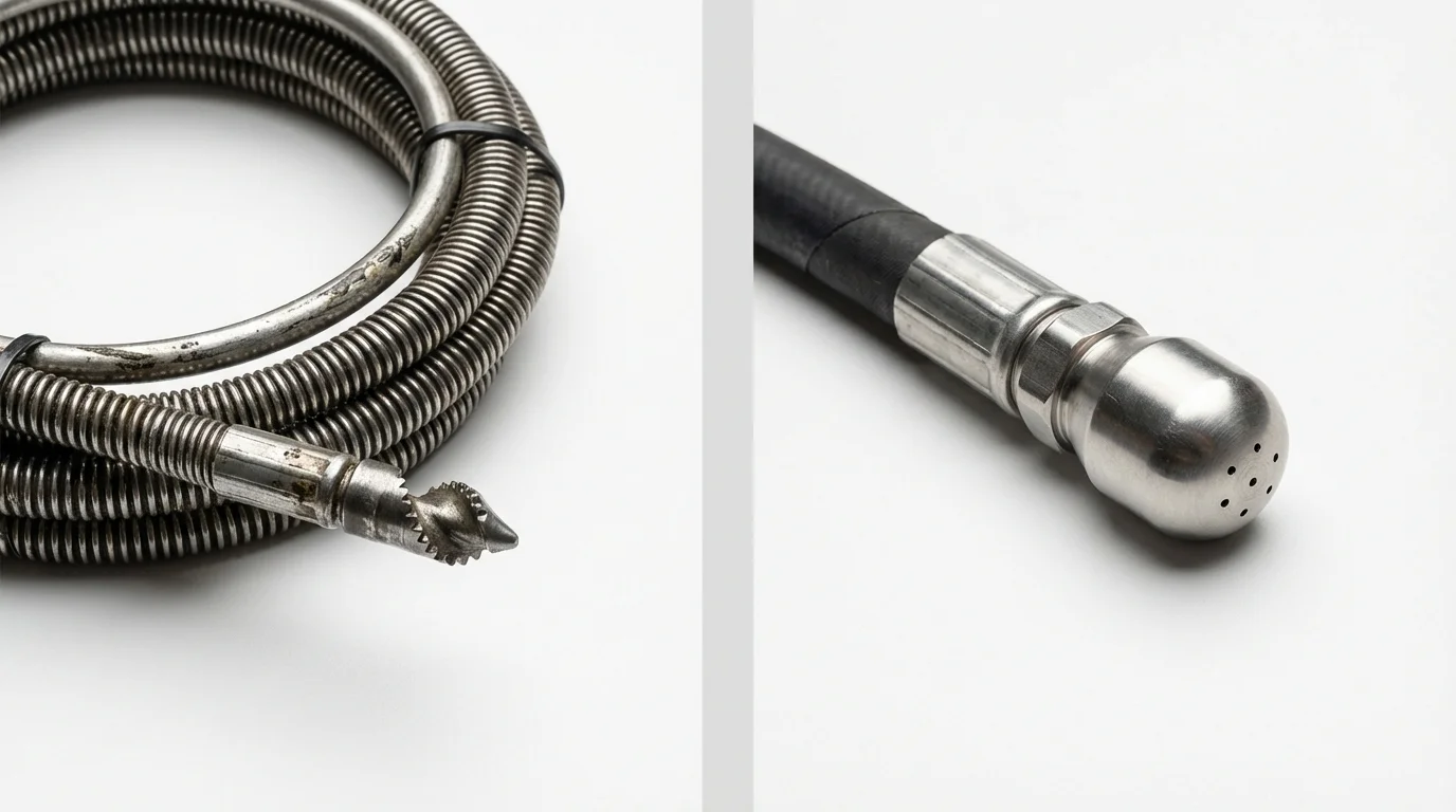 Drain snake cable and hydro jetting nozzle used for drain cleaning in Shirley, NY