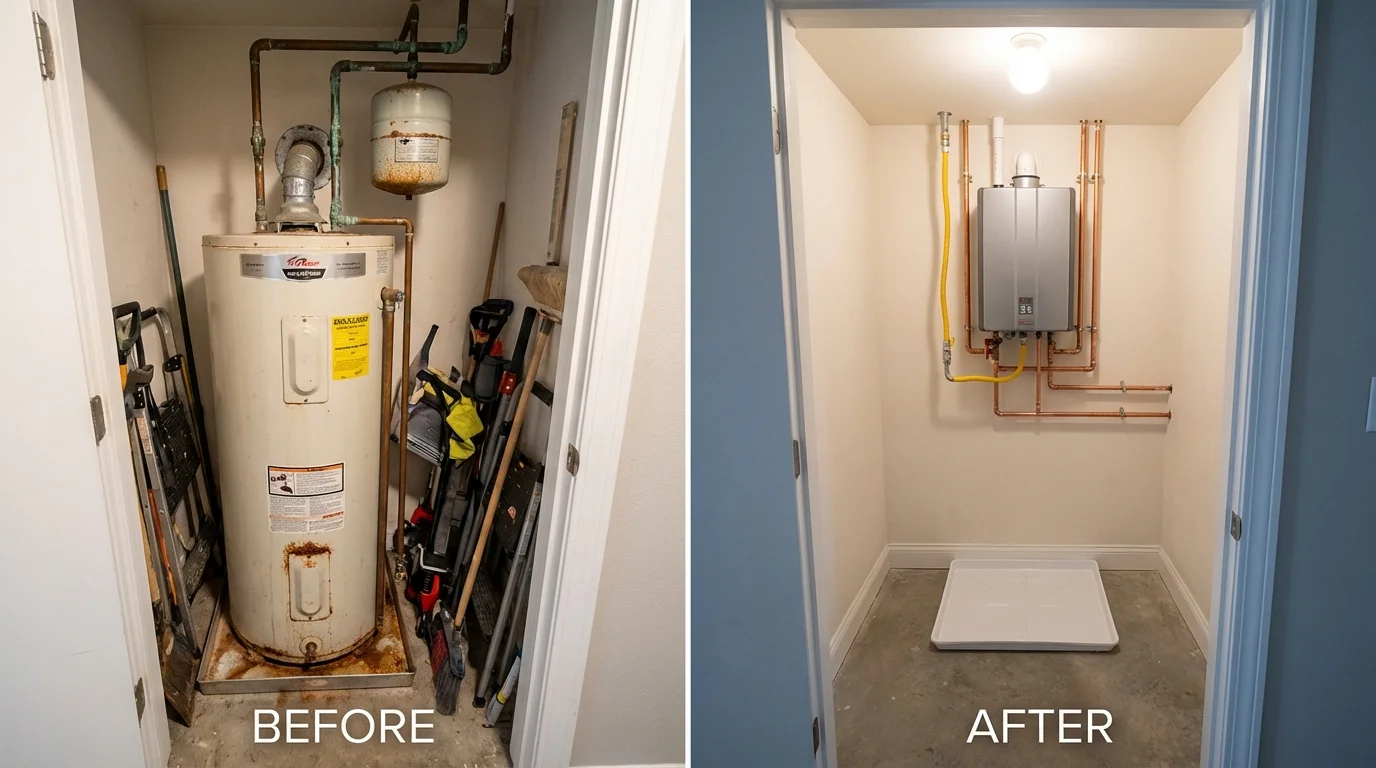 Tank water heater versus wall-mounted tankless unit comparison for Shirley, NY homeowners