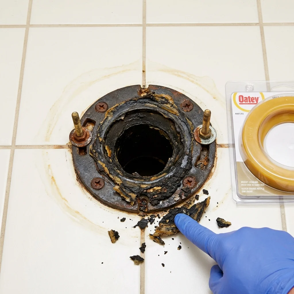 Failed wax ring showing water seepage at the base of a toilet in a Shirley, NY home