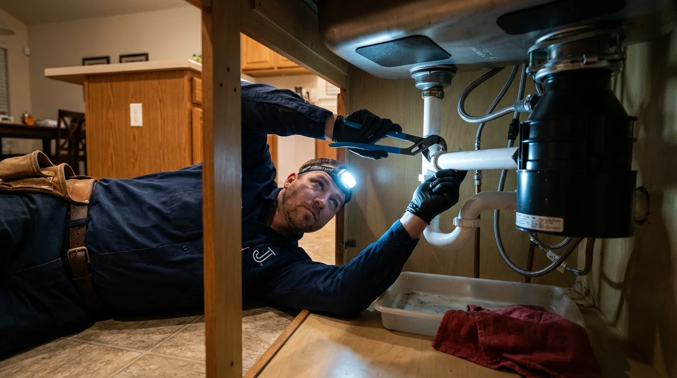 P-trap and supply line connections under a kitchen sink showing a common leak point in Shirley, NY